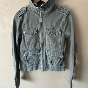 Victorias Secret Pink Distressed Army Bomber Jacket Olive Green Small Cotton